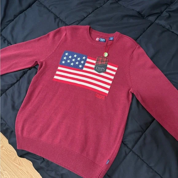 Chaps Men's Burgundy Sweater with Flag Design